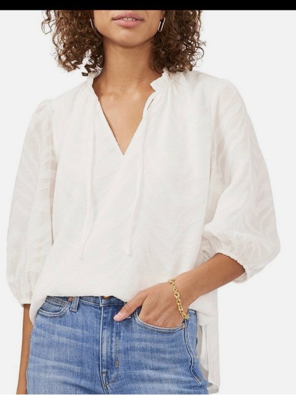 Vince Camuto White V-Neck Tie-Smock Blouse